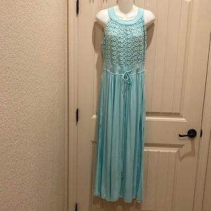 Calvin Klein Size 14W Aqua Maxi Halter Dress Crochet Floral Overlay Side Slits